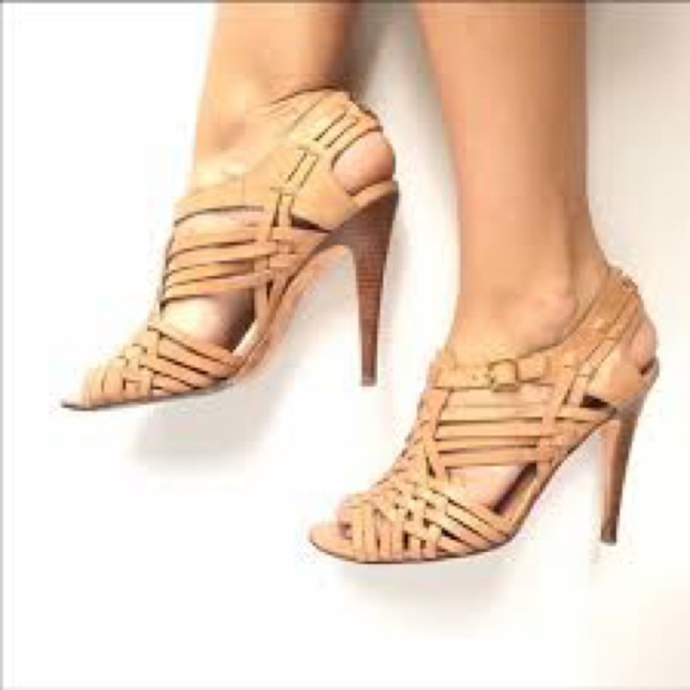 Tory Burch Nadia Leather Hurrache Elegant Tan Strappy Heels, size 10